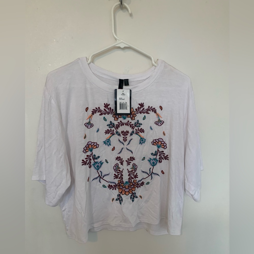 Women Summer White Crop Top with Colourful Flower Embroidery
